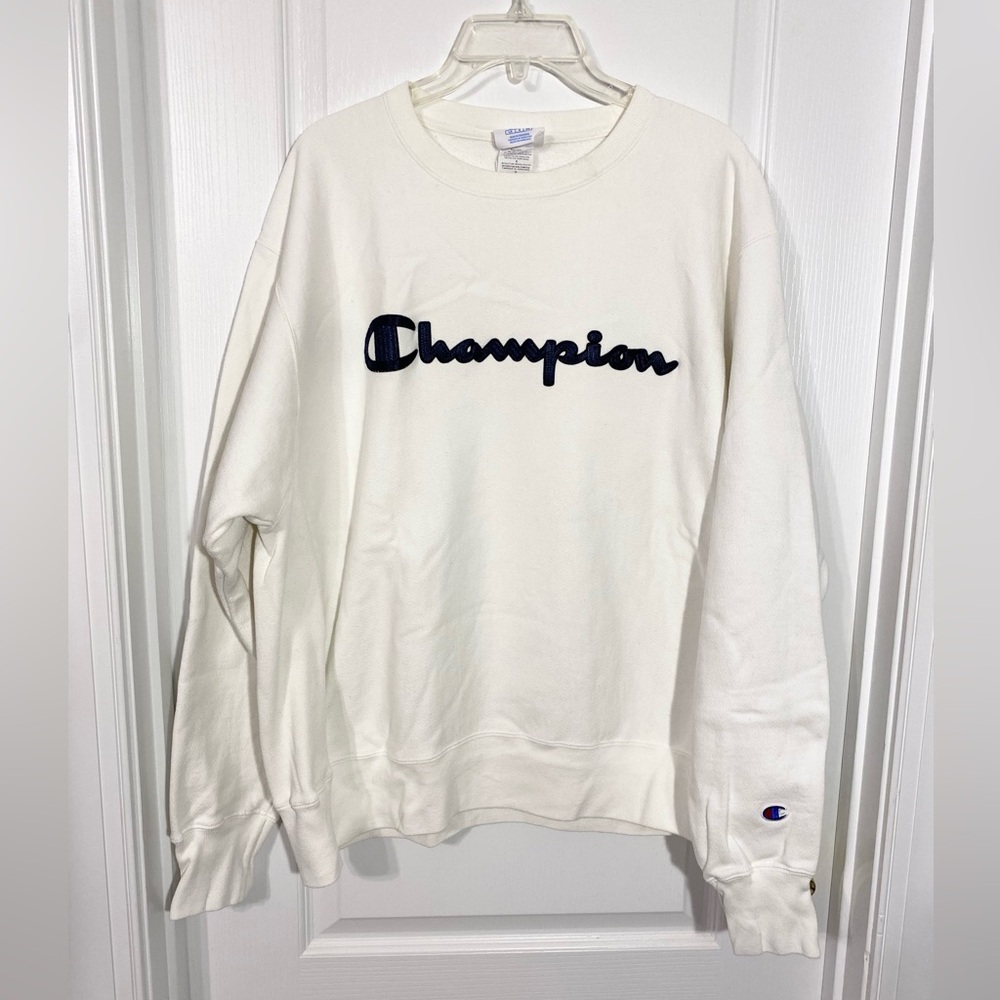 Champion Reverse Weave Embroidered Logo Sweatshirt White Navy Men’s Large